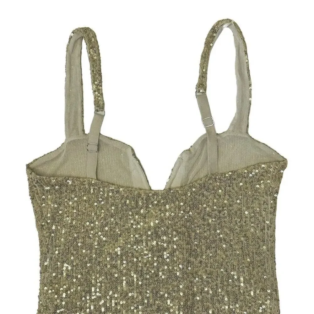 INTIMATELY FREE PEOPLE Sparks Fly Iridescent Gold Shimmery Sequin Bodysuit Sz M - Picture 10 of 12